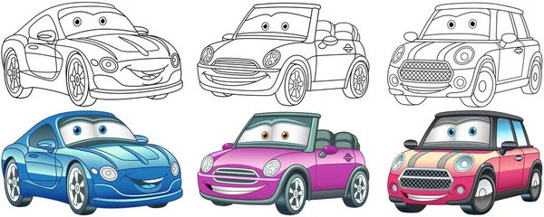 Cartoon Cars Coloring Pages Kids Colorful Clipart Characters Childish Designs — Stock Vector