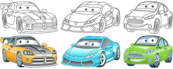 Coches Dibujos Animados Páginas Para Colorear Para Niños Personajes Coloridos — Vector de stock