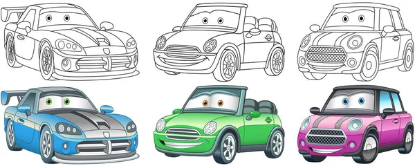 Tecknade Bilar Färgläggning Sidor För Barn Färgglada Clipart Tecken Barnslig — Stock vektor