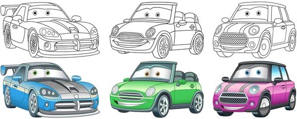 Coches Dibujos Animados Páginas Para Colorear Para Niños Personajes Coloridos — Vector de stock