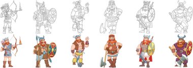 Boyama sayfaları. Çizgi film klibi. Çocuk aktivite kitabı, tişört baskısı, ikon, logo, etiket, yama ya da çıkartma için Vikingler koleksiyonu. Vektör illüstrasyonu.