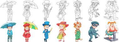 Coloring pages. Cartoon characters. Clipart set for kids activity coloring book, t shirt print, icon, logo, label, patch or sticker. Vector illustration. vector