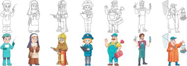 Boyama sayfaları. İşçiler. Çocuk aktivite boyama kitabı, tişört baskısı, simge, logo, etiket, yama ya da çıkartma için çizgi film klip seti. Vektör illüstrasyonu.