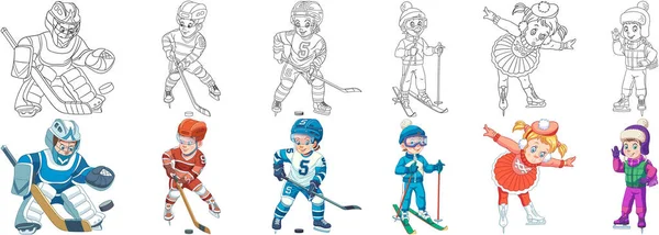 Disegni Colorare Bambini Sportivi Set Clipart Cartoni Animati Bambini Libro — Vettoriale Stock