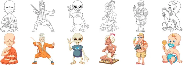 Disegni Colorare Personaggi Dei Cartoni Animati Clipart Set Bambini Attività — Vettoriale Stock
