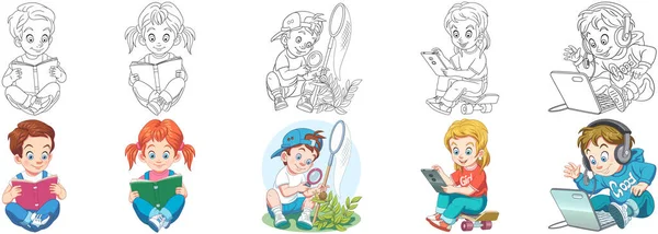 Coloriages Des Enfants Dessins Animés Clipart Set Pour Livre Coloriage — Image vectorielle