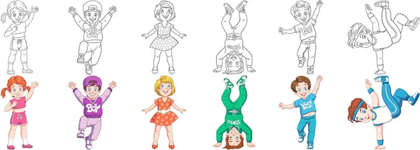 Páginas Para Colorear Niños Deportivos Conjunto Clipart Dibujos Animados Para — Vector de stock