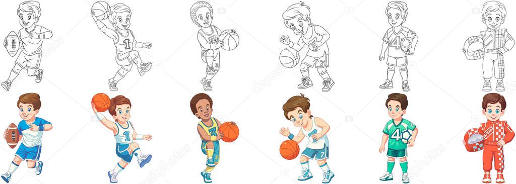 Coloring pages. Sport children. Cartoon clipart set for kids activity coloring book, t shirt print, icon, logo, label, patch or sticker. Vector illustration.