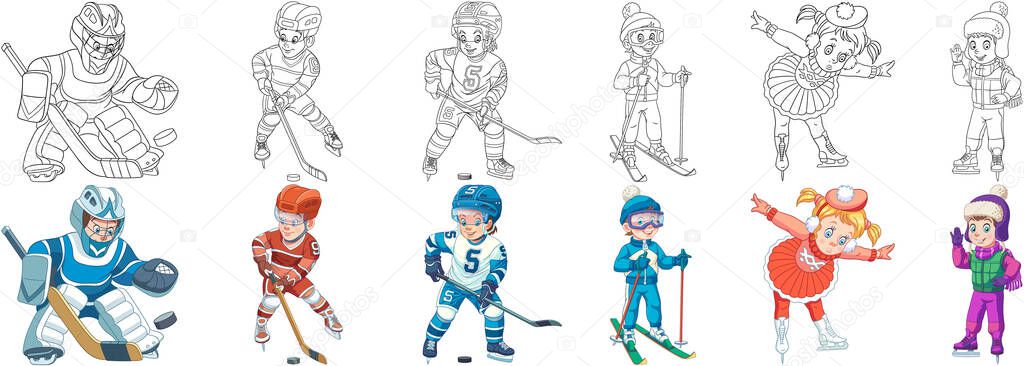 Coloring pages. Sport children. Cartoon clipart set for kids activity coloring book, t shirt print, icon, logo, label, patch or sticker. Vector illustration.