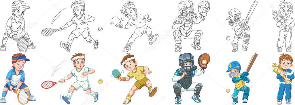 Coloring pages. Cartoon kids. Clipart set for activity coloring book, t shirt print, icon, logo, label, patch or sticker. Vector illustration.