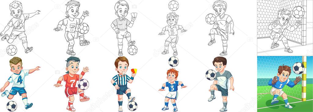 Coloring pages. Cartoon sports. Clipart set for kids activity coloring book, t shirt print, icon, logo, label, patch or sticker. Vector illustration.
