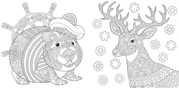 Coloring Pages Cute Seaman Hamster Christmas Reindeer Line Art Design — Stock Vector