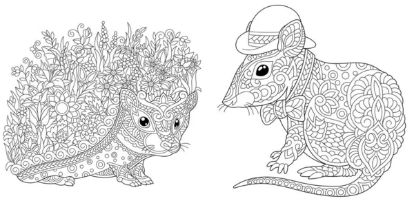 彩色页面 头戴帽子 头戴可爱的老鼠 成人彩色书的线条艺术设计 带有涂鸦和纠结元素 矢量说明 — 图库矢量图片