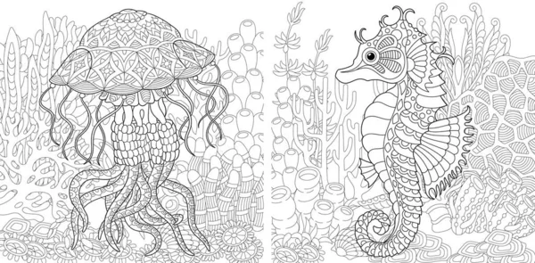 Coloring Pages Underwater Landscape Jellyfish Seahorse Line Art Design Adult — Stock Vector