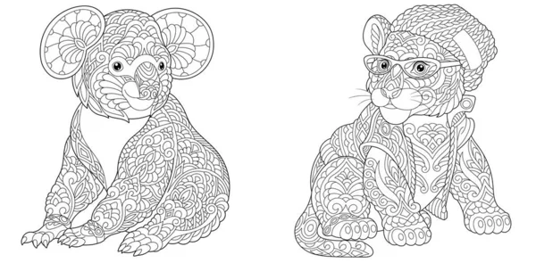 Ausmalbilder Koala Bär Und Tiger Hipster Kleidung Line Art Design — Stockvektor