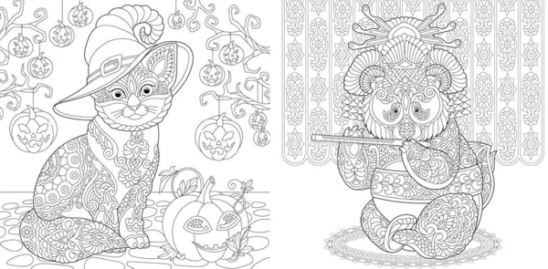 Coloring Pages Cat Halloween Pumpkin Decor Panda Geisha Playing Flute — Stock Vector