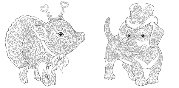 Ausmalbilder Hipster Tiere Dackelhund Und Süßes Schwein Ballettrock Line Art — Stockvektor