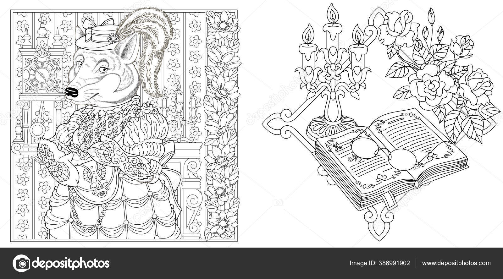 Coloring Pages Wolf Girl Vintage Dress Accessoires Line Art Design Stock Vector C Sybirko 386991902