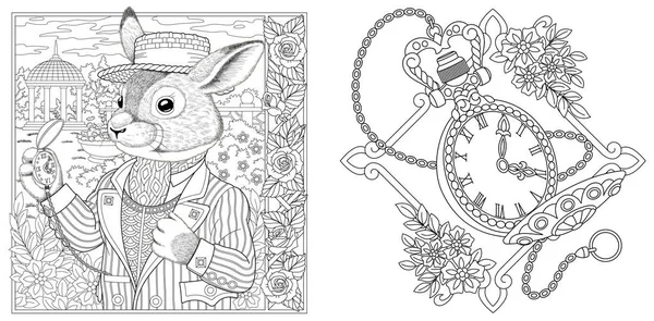 ぬり絵だ チェーンにヴィンテージクロックを持つウサギの男 ドアや角度の要素を持つ大人のぬり絵のためのラインアートデザイン ベクターイラスト — ストックベクタ