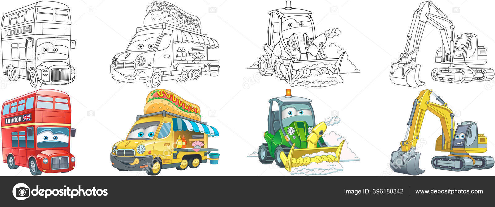 Conjunto De Transporte De Desenhos Animados. Coleção De Veículos.  Semi-caminhão Pesado (reboque, Caminhão), Trator (bulldozer), Caminhão De  Reboque (evacuador), Carro Antigo Retro De Luxo. Páginas De Livros De  Colorir Para Crianças. Royalty