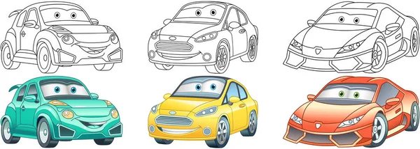 Disegni Colorare Collezione Auto Set Clipart Cartoni Animati Libri Colorare — Vettoriale Stock