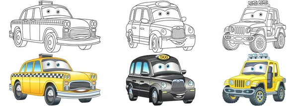 Páginas Para Colorear Colección Coches Conjunto Clipart Dibujos Animados Para — Vector de stock