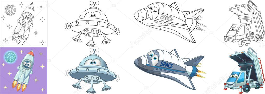 Coloring pages. Space flying transport. Cartoon clipart set for activity coloring book, t shirt print, icon, logo, label, patch or sticker. Vector illustration.
