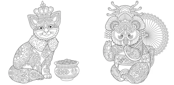 Página Para Colorir Gato Rei Gueixa Panda Desenho Arte Linha — Vetor de Stock