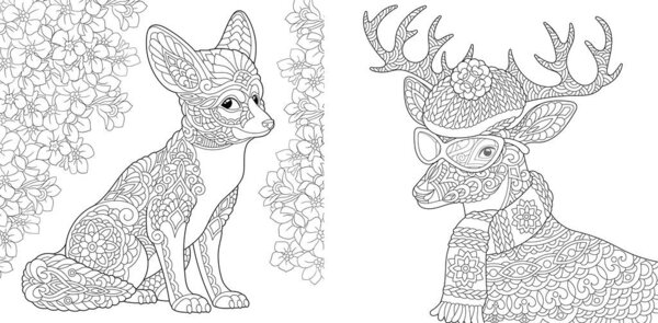 Coloring page. Fox and reindeer. Line art drawing for adult or kids coloring book in zentangle style. Vector illustration.