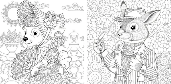Раскрашивание Страницы Собачка Кролик Линия Рисунок Взрослых Детей Раскраски Книги — стоковый вектор