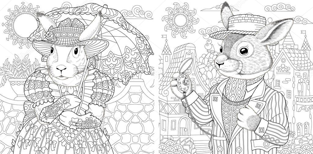 Coloring page. Rabbit girl and boy. Line art drawing for adult or kids coloring book in zentangle style. Vector illustration.