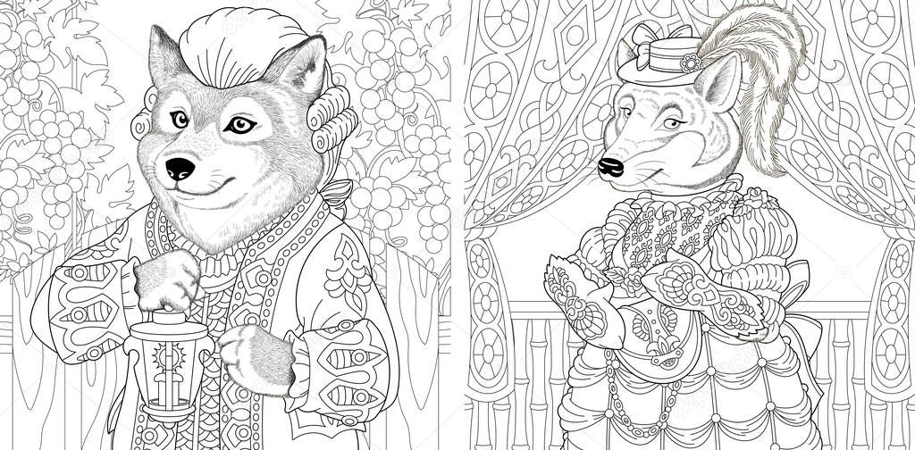 Coloring page. Wolf man and woman. Line art drawing for adult or kids coloring book in zentangle style. Vector illustration.