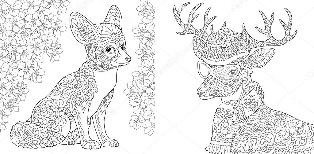 Coloring page. Fox and reindeer. Line art drawing for adult or kids coloring book in zentangle style. Vector illustration.