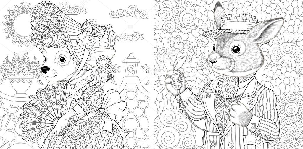 Coloring page. Dog lady and rabbit boy. Line art drawing for adult or kids coloring book in zentangle style. Vector illustration.