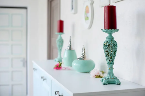 Carved Vintage Candlesticks Turquoise Color Burgundy Candles Stand Interior Living — Stock Photo, Image