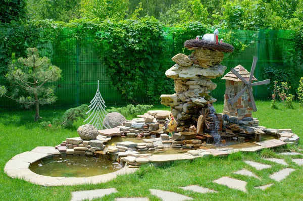 Decorative Stone Fountain Water Mill Landscape Design — Stock Photo, Image