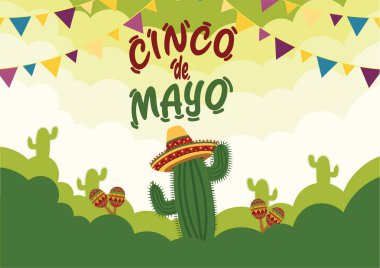 Cinco De Mayo Kutlama Arka Plan Kaktüs ve Geleneksel Müzik Aletleri ile