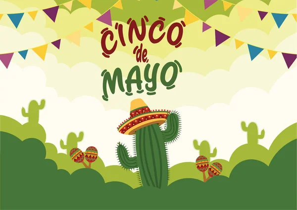 Fondo de Celebración del Cinco de Mayo con Cactus e Instrumentos Musicales Tradicionales — Archivo Imágenes Vectoriales