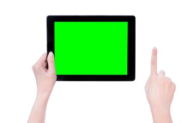 Beyaz arka planda izole yeşil ekran ile siyah bir tablet PC şablonu tutan genç güzel kız, yakın çekim, alay, kırpma yolu, kesilmiş