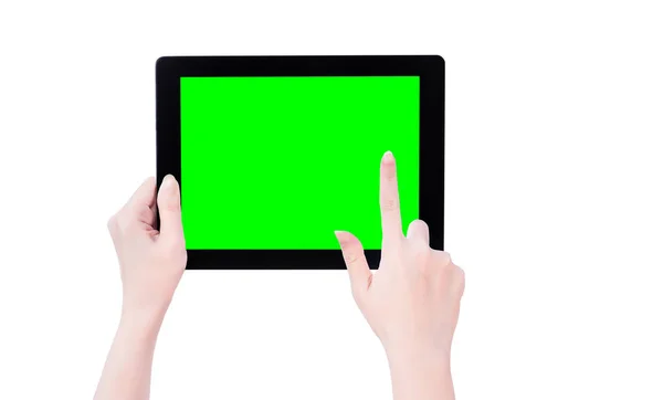 Молодая красивая девушка держит черный планшетный ПК шаблон с зеленым экраном изолированы на белом фоне, закрыть, макет, обрезка пути, вырезать — стоковое фото