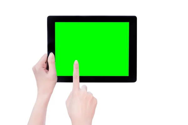 Junges schönes Mädchen hält eine schwarze Tablet-PC-Vorlage mit grünem Bildschirm isoliert auf weißem Hintergrund, Nahaufnahme, Mock Up, Clipping Pfad, ausgeschnitten — Stockfoto