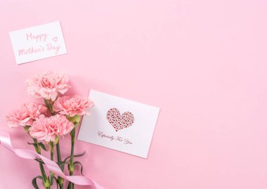 Parlak pembe arka plan üzerinde izole güzel taze çiçeklenme bebek pembe renk ihale karanfil, anneler günü sayesinde tasarım kavramı, üst görünüm, düz yatıyordu, kopya alanı, kapatmak, alay