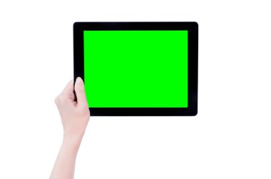 Beyaz arka planda izole yeşil ekran ile siyah bir tablet PC şablonu tutan Teenage güzel kız, yakın çekim, alay, kırpma yolu, kesilmiş