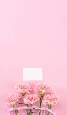 Üst görünüm, düz yatıyordu, mock up, kopya alanı, el yazısı tebrik kartı şablon soluk pembe arka plan ile izole, teşekkür fikir kavramı, dilek, zanaat karanfil buket