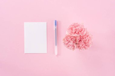 Üst görünüm, düz yatıyordu, mock up, kopya alanı, el yazısı tebrik kartı şablon soluk pembe arka plan ile izole, teşekkür fikir kavramı, dilek, zanaat karanfil buket