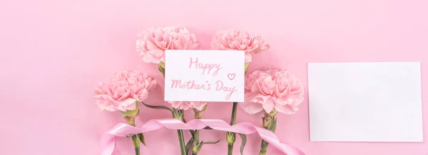 Top view, flay lay, copy space, close up, mock up, mothers day thanks design concept. Beautiful fresh blooming baby pink color carnations isolated on bright pink background — Stock Photo, Image