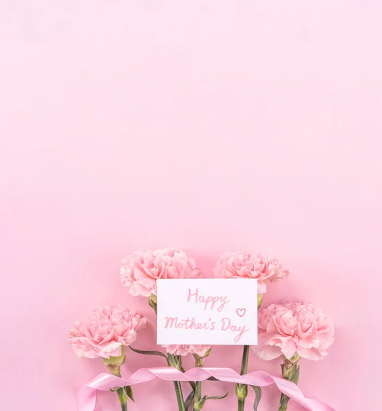 Top view, flay lay, copy space, close up, mock up, mothers day thanks design concept. Beautiful fresh blooming baby pink color carnations isolated on bright pink background — Stock Photo, Image