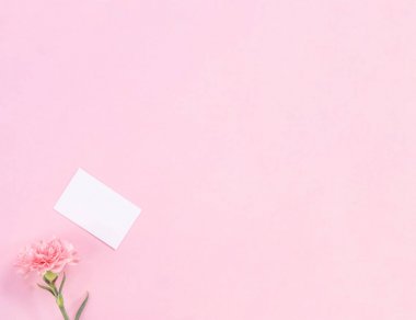 Üst görünüm, düz yatıyordu, mock up, kopya alanı, el yazısı tebrik kartı şablon soluk pembe arka plan ile izole, teşekkür fikir kavramı, dilek, zanaat karanfil buket