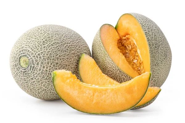 Nahaufnahme, Pfad abschneiden, herausschneiden. schöne leckere Rock Cantaloup Melone isoliert auf weißem Hintergrund — Stockfoto