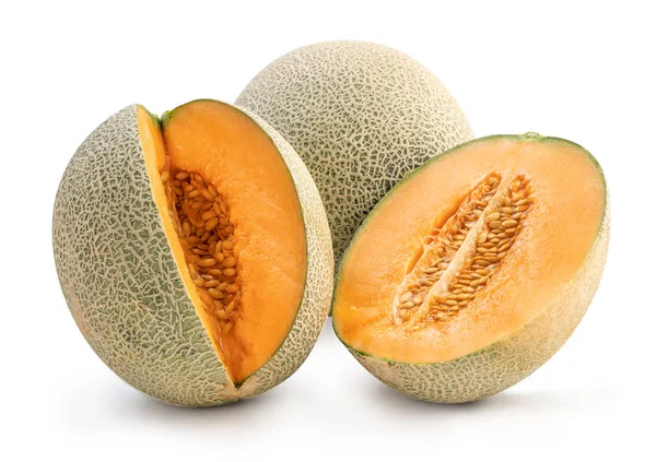 Nahaufnahme, Pfad abschneiden, herausschneiden. schöne leckere Scheiben Rock Cantaloup Melone isoliert auf weißem Hintergrund — Stockfoto